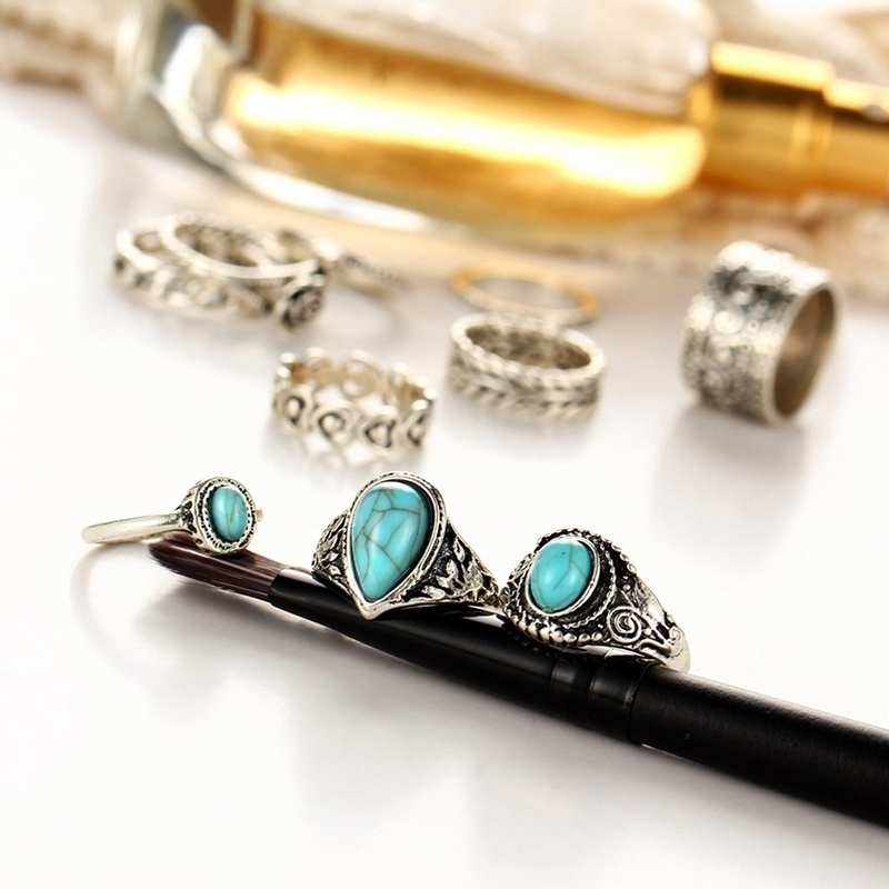 Creative 10PCS/Set Simple Vintage Metal Turquoise Geometric Ring Alloy Rings Sets Gifts