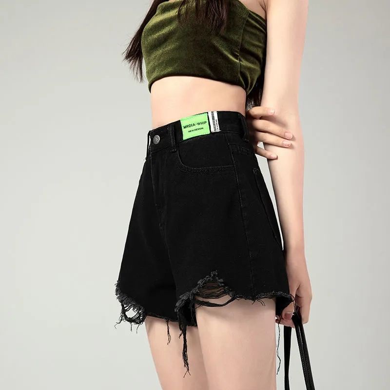Quần Short Denim Đen Dáng Chữ A Ống Rộng Lưng Cao Phối Rách Thời Trang Mùa Hè 2022 Cho Nữ