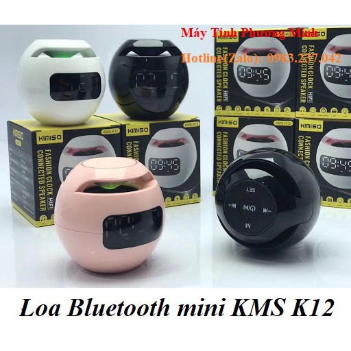 Loa Bluetooth mini KMS K12 có đồng hồ, có khe cắm thẻ nhớ, cute với 3 màu Hồng phấn/Đen/trắng