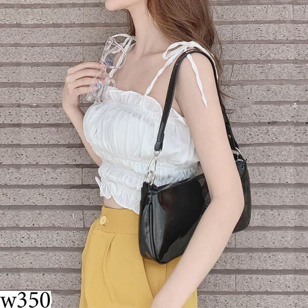 Sét đồ nữ áo trắng kiểu Croptop hai dây nhún eo phối quần ống rộng lưng cao thiết kế trẻ trung thích hợp mặc đi chơi