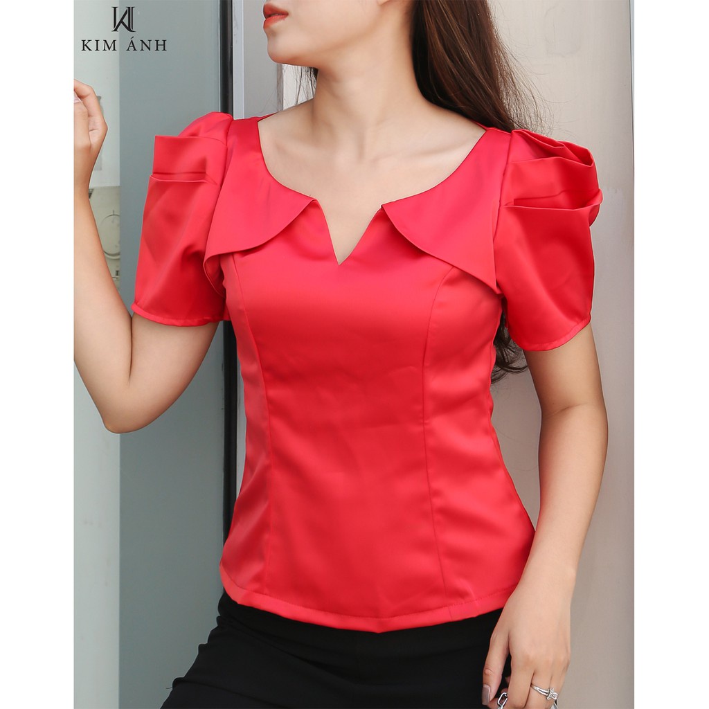 Áo Kiểu Sơ Mi Nữ Kim Ánh Tay Ngắn  Lụa Hàn Họa Tiết Trơn Phong Cách Công Sở  Nhiều Kích Thước AKSX20003