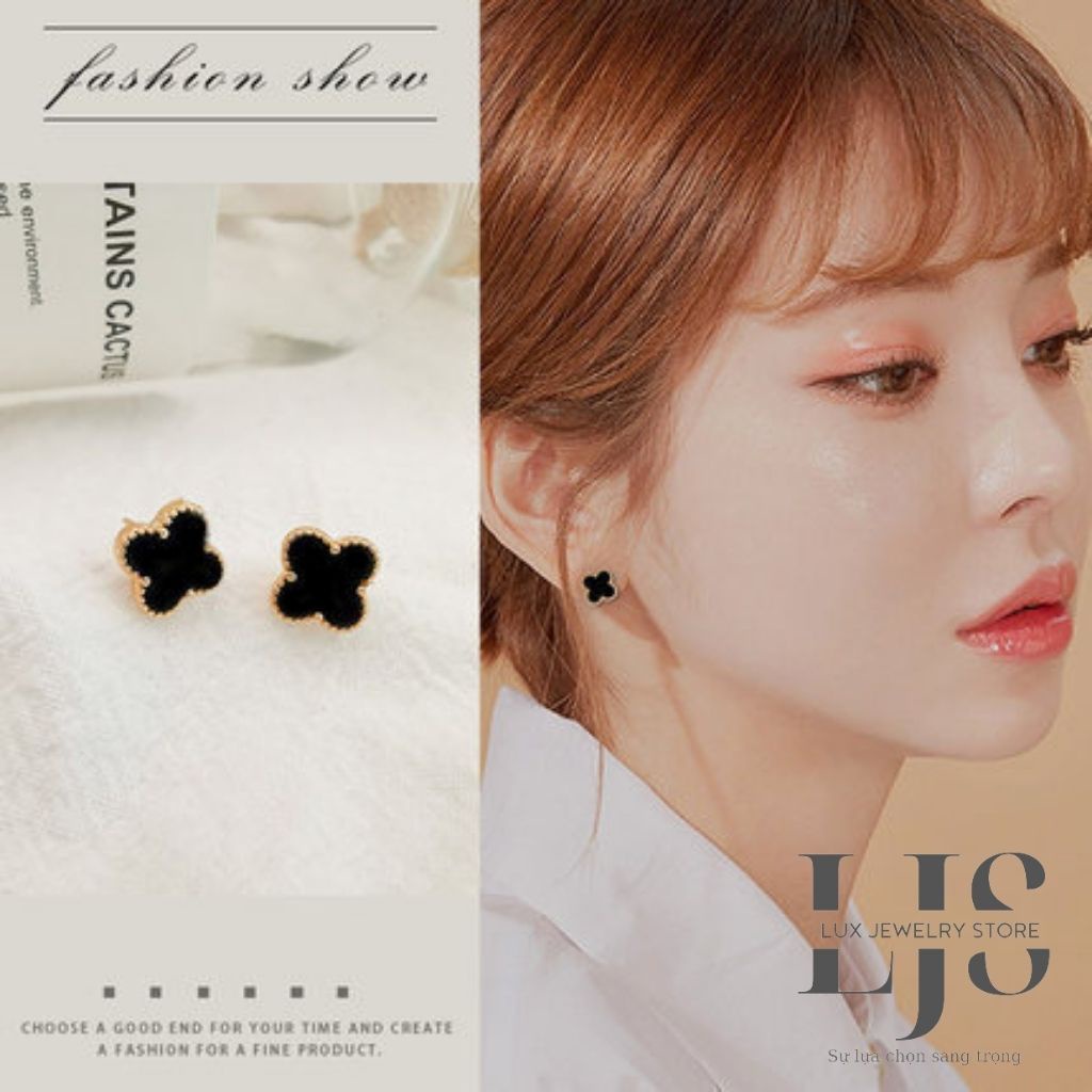 Bông tai nữ mạ bạc 925 không gỉ, khuyên tai nữ cỏ 4 cánh đính đá sang trọng - LUX954