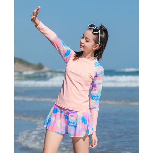 Bộ áo bơi tay dài và váy quần năng động thể thao chống nắng cho bé gái