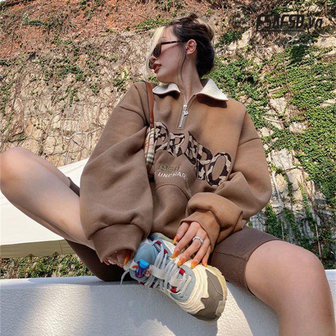 Áo Nỉ Có Khóa Kéo Cổ polo Cỡ Lớn Thêu Họa Tiết Màu Sắc Tương Phản Phong Cách Retro Mỹ Cho Nữ