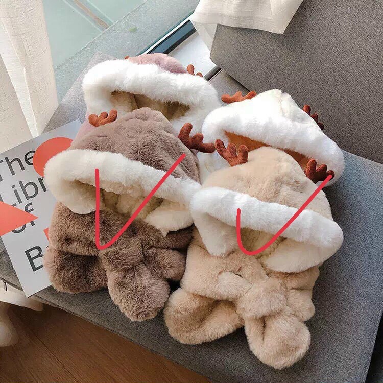 Mũ trẻ em mùa đông lót lông sừng hươu cute nón kèm khăn siêu ấm tai gấu thỏ cho bé trai/ bé gái