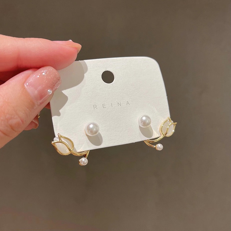 Bông Tai Mạ Bạc 925 Hình Hoa Tulip Đính Ngọc Trai Phong Cách Hàn Quốc Mới 202