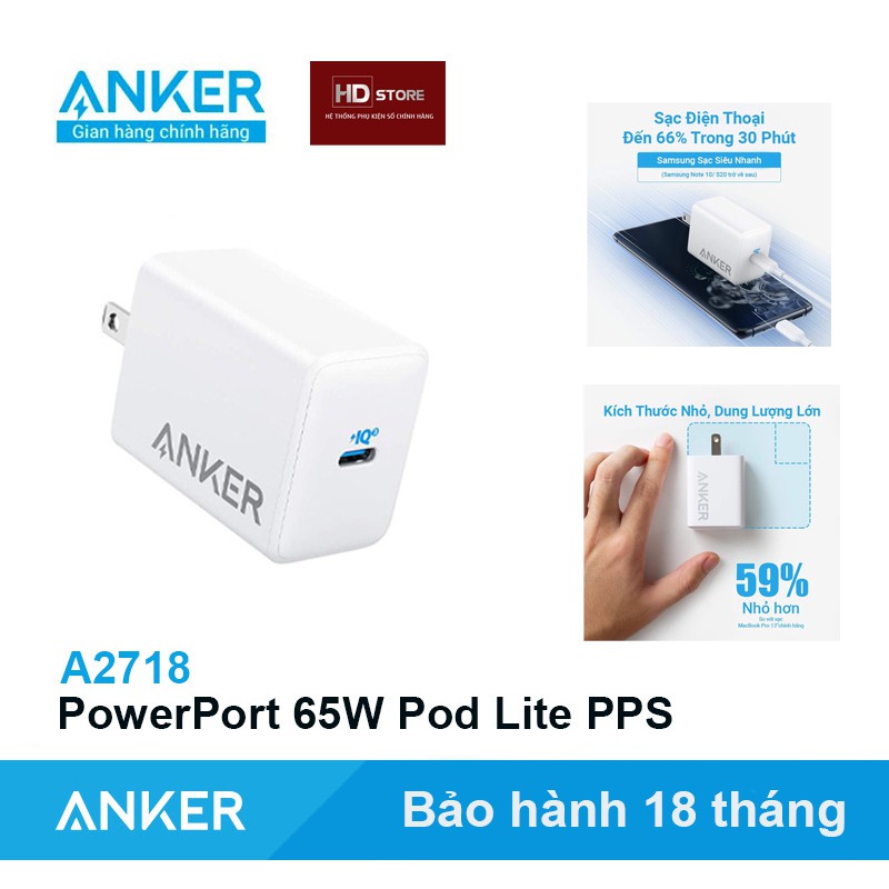 Sạc ANKER PowerPort 65W Pod Lite PIQ3.0 PPS - Mã A2718