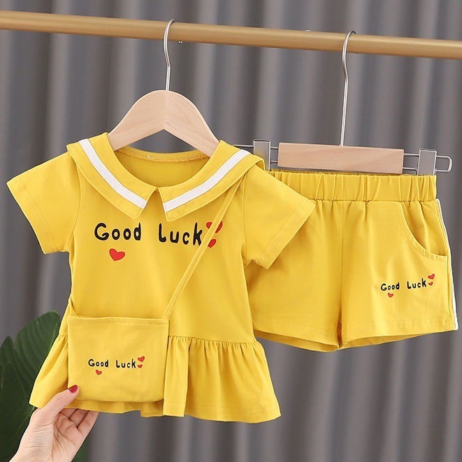 Bộ bé gái mùa hè dễ thương, set áo váy babydoll quần đùi good lucky, phong cách Hàn Quốc - HG063