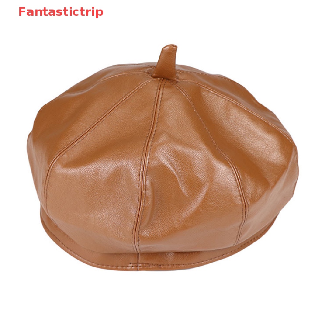 [Fantastictrip] Mũ Nồi Da PU Màu Đỏ / Trắng In Chữ Phong Cách Họa Sĩ Anh Quốc Cổ Điển Thời Trang Thu Đông Mới