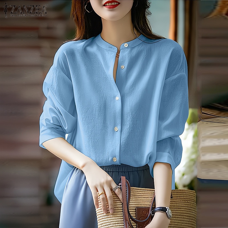 ZANZEA Áo Thun Tay Dài Cổ Tròn Màu Trơn Cài Nút Đơn Giản Thời Trang Đường Phố Cho Nữ