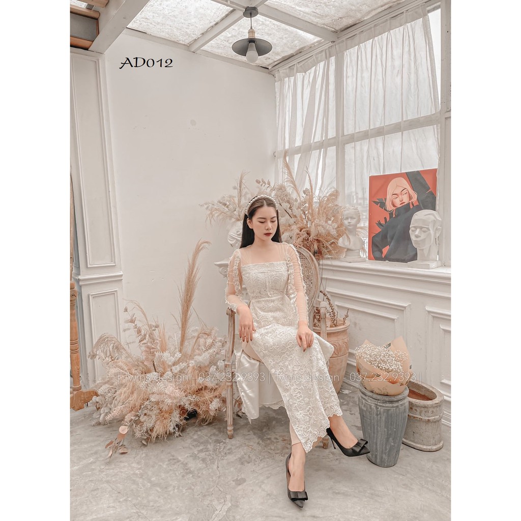 Áo dài dáng ôm KỀM QUẦN, áo dài TWINS STORE chất ren sợi nổi sang chảnh, màu Kem Be - AD012