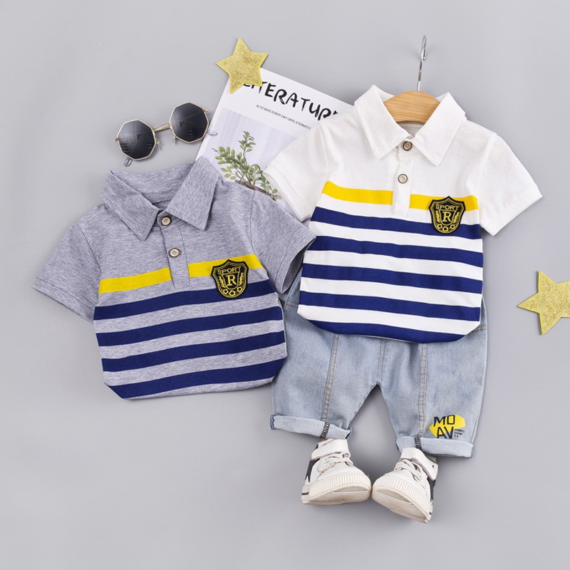 Set áo thun ngắn tay sọc ngang + Quần short jeans cho bé trai