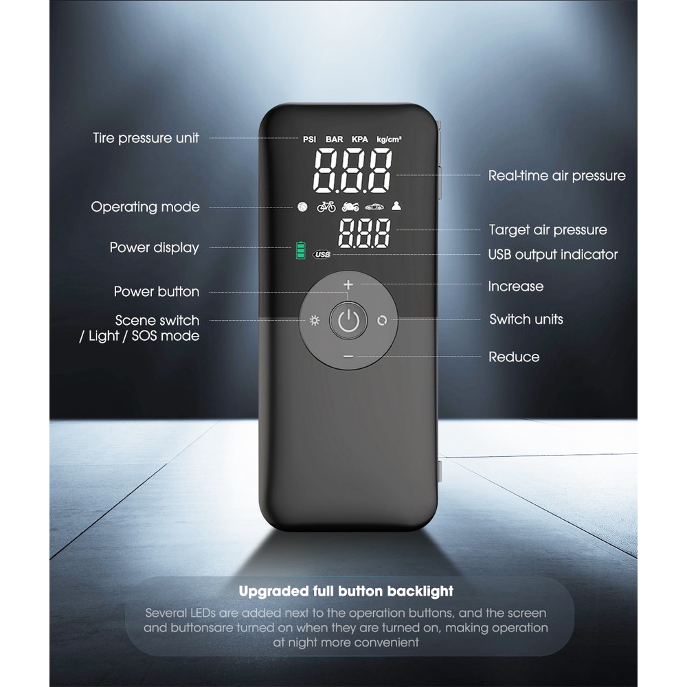 Máy Bơm Hơi Đa Năng Kèm Sạc-Bơm lốp Ô Tô Mini Sạc Pin Điện Tử Tự Ngắt Không Dây Tiện Dụng Chất Lượng Cao