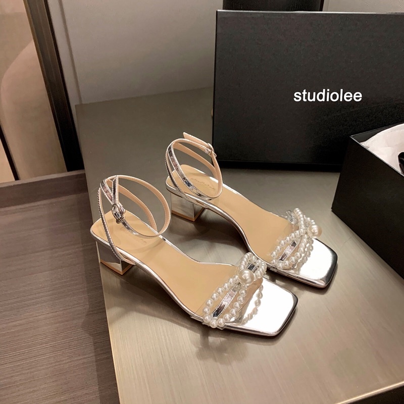 Sandal nữ gót vuông 5cm quai ngang nơ ngọc