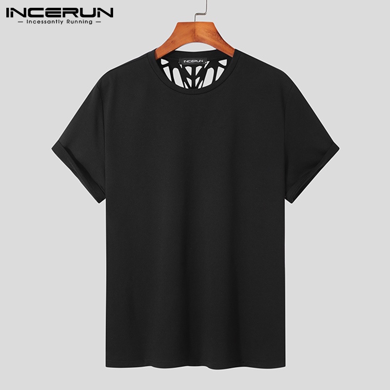 Áo thun nam INCERUN màu đen trơn tay ngắn lưng rỗng cá tính thời trang