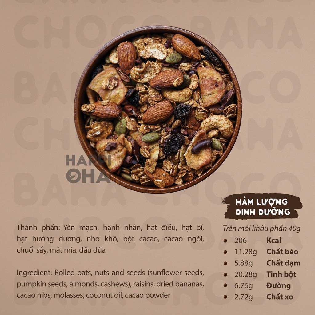 Granola Choco Bana HAPPI OHA 400g - Ngũ Cốc Ăn Sáng/ Ngũ Cốc Ăn Kiêng Không Đường Tinh Luyện Vị Cacao