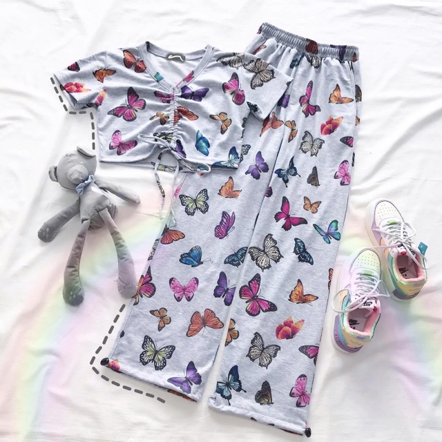 Set Butterfly Bướm CropTop Dây Rút+ Quần Long Pant Kèm Ảnh Thật