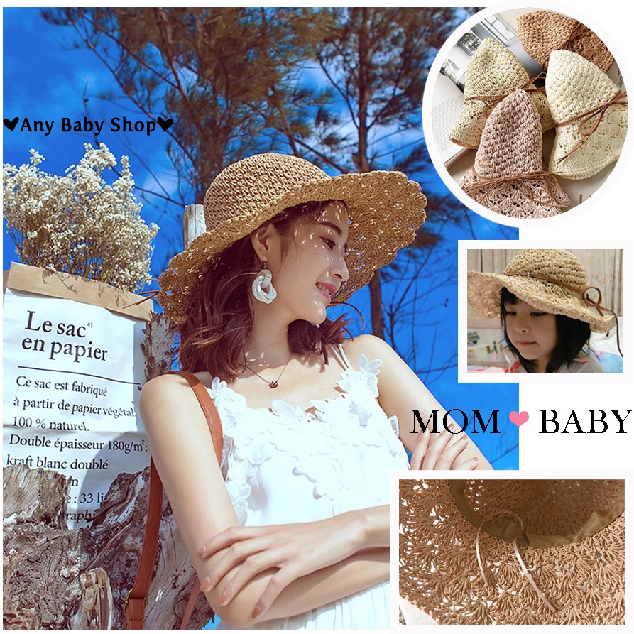 Combo Mũ cói đi chơi, đi biển thắt nơ cho mẹ và bé 3 màu sang chảnh- gấp gọn được (hàng có sẵn) ❣❣