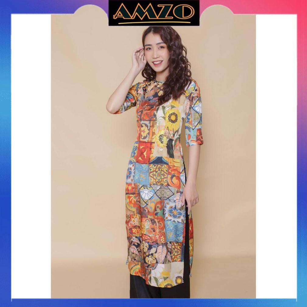 Áo Dài Nữ Cách Tân, Áo Dài May Sẳn Cổ Tròn Chất Lụa Cao Cấp Co Giãn Hoạ Tiết Hoa Hướng Dương. | BigBuy360 - bigbuy360.vn