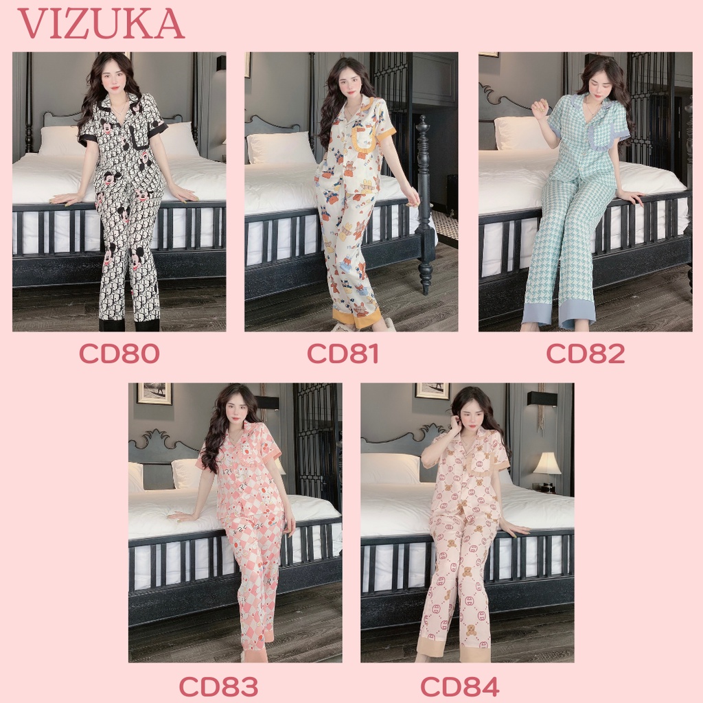 Đồ bộ pijama nữ lụa mặc nhà tay ngắn quần dài dễ thương VIZUKA
