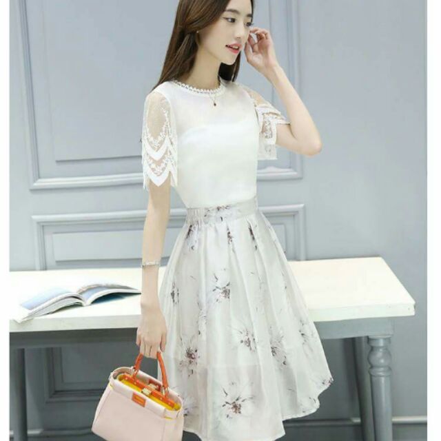 SET ĐẦM CHÂN VÁY HOA ÁO PHỐI REN
