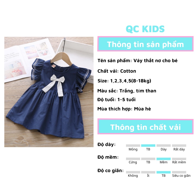 váy bé gái mùa hè hàn quốc QC-KIDS, đầm cho bé chất cotton thắt nơ 2 màu trắng tím than 8-18kg