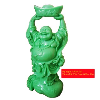 Tượng phật di lặc bằng đá poly nâng vàng màu xanh ngọc NVX48