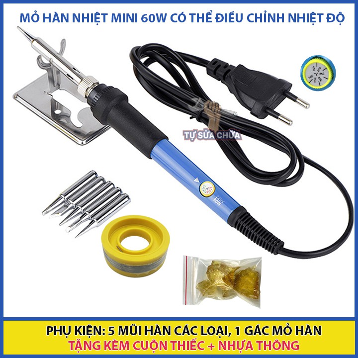 Mỏ hàn nhiệt mini dạng bút 60W có thể điều chỉnh nhiệt độ từ 200-450 độ (combo thiếc, nhựa thông, 5 mũi hàn , kệ hàn)