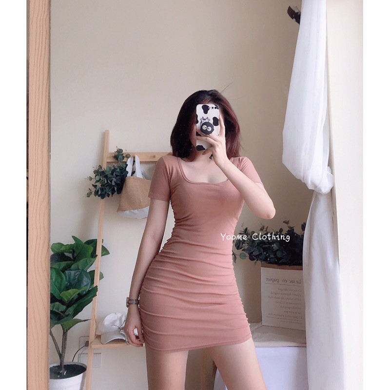 [Mã SKAMSALEP6 giảm 10% tối đa 100K đơn 150K] Váy Body cổ vuông nhún TAY CỘC [ ẢNH THẬT SHOP CHỤP ] | BigBuy360 - bigbuy360.vn