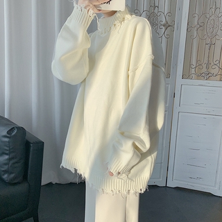 Kim Áo Sweater Dệt Kim Cổ Lọ Dáng Rộng Rách Viền Thô Lệch Tà Thời Trang Mùa Đông Cho Cặp Đôi