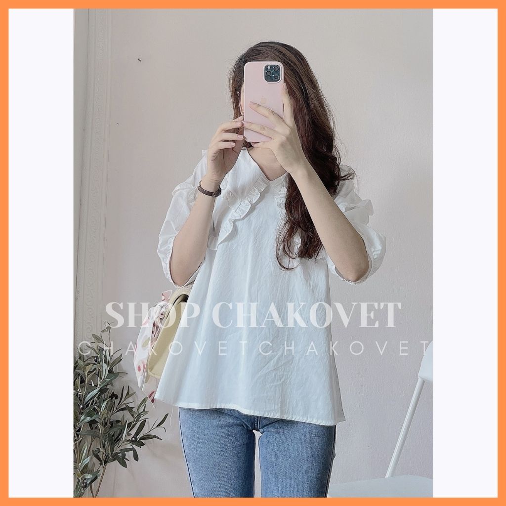 Áo sơ mi nữ tay ngắn form rộng A873 cổ chữ V, tay bồng retro kiểu pháp thiết kế sang trọng hàng đẹp mặc đi làm đi học