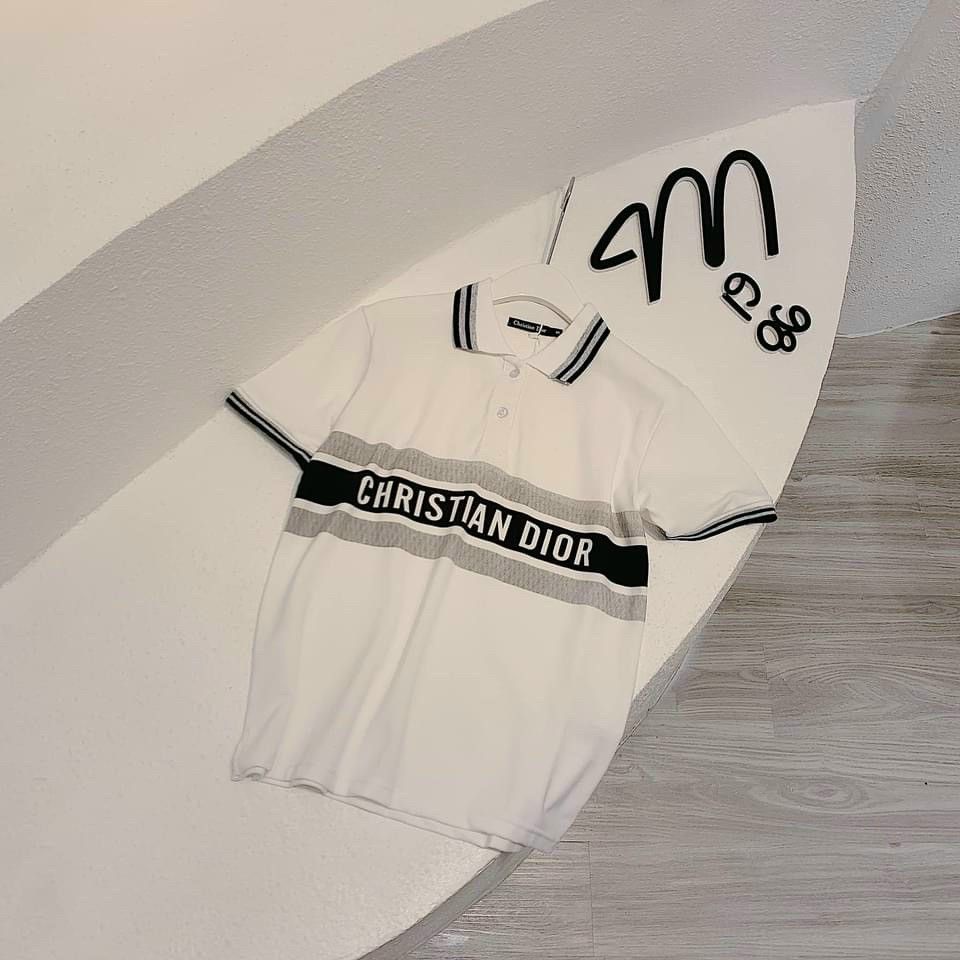 Áo polo Điooo trắng phối chữ cổ bẻ