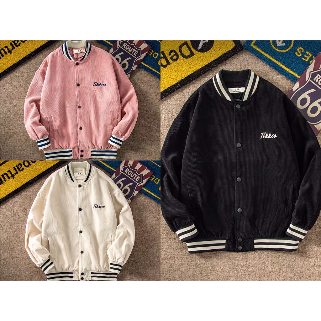 Áo Khoác Bomber Jackets Nhung Gân AITEEINS Varity Form Rộng Unisex Nam Nữ Ulzzang