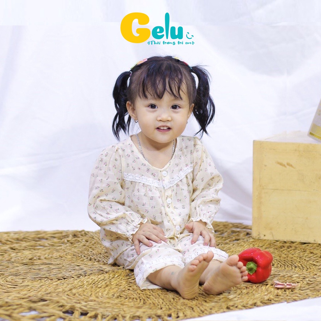 Bộ thu đông cho bé Gelu Kids, đồ ngủ mùa thu hoa nhí chất linen cổ viền ren cho bé gái-GLB003