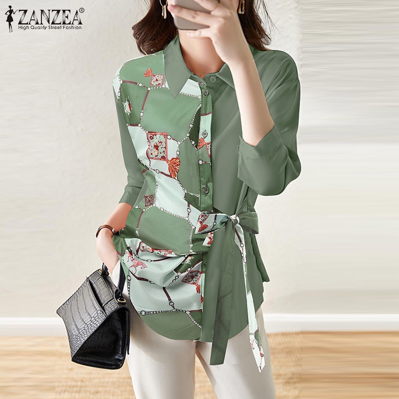 Áo sơ mi ZANZEA cổ bẻ thắt nơ tay dài in họa tiết hoa phối nút cài cho nữ