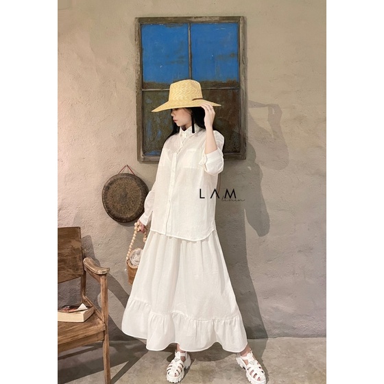 Set Áo sơ mi và chân váy maxi vải Linen