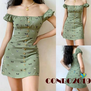 Đầm Nữ Ngắn Tay Cổ Vuông In Họa Tiết Bướm Thời Trang