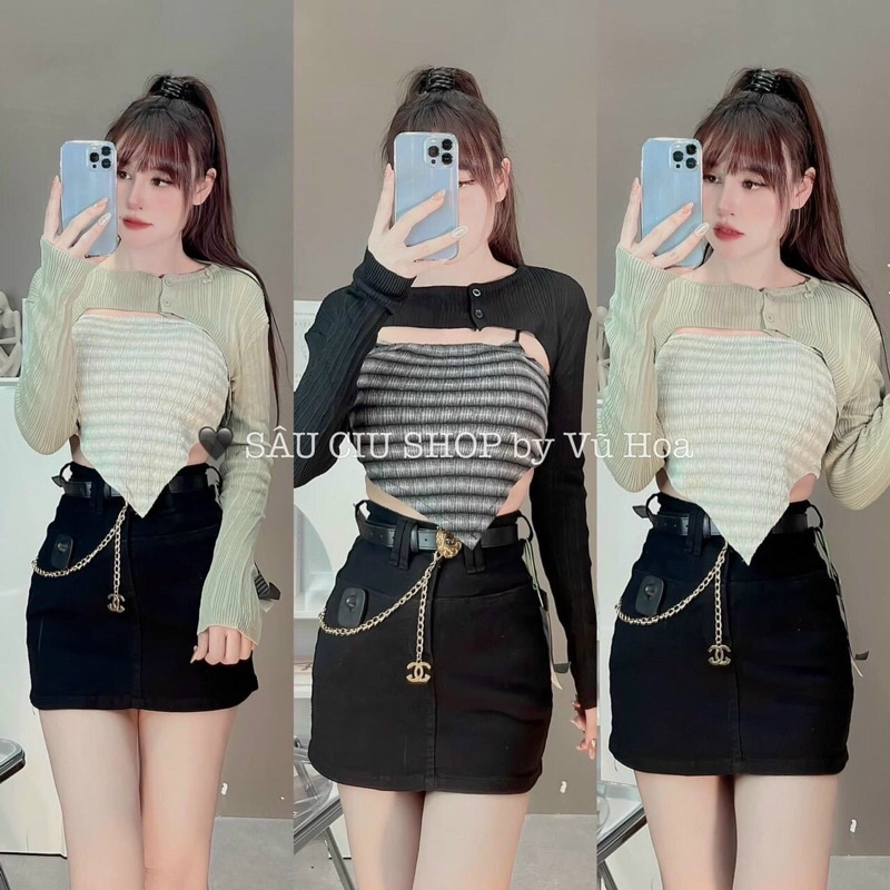 Set Áo Dây Trơn Màu Và Áo Cadigan Len Mỏng