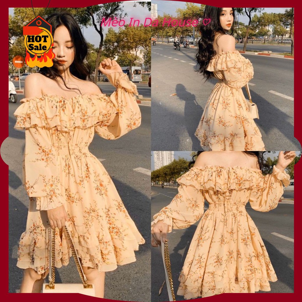 [Mã SKAMA06 giảm 8% tối đa 50K đơn 250K] [FREESHIP] ĐẦM HOA TRỄ VAI BÈO TẦNG CAM
