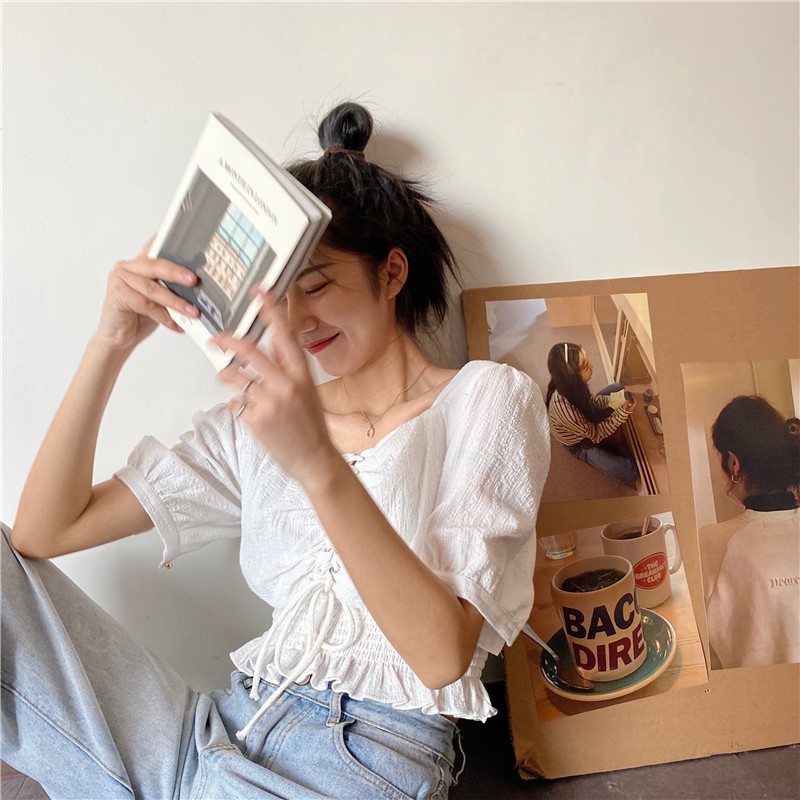 Áo trắng dây rút retro DA238