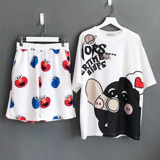 Set áo tay lở khủng long thổi bong bóng + quần short cartoon Kaws BT21 unisex