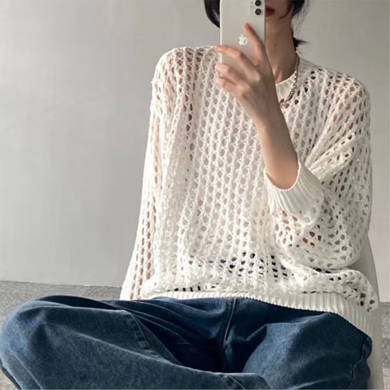 【6 Colors】Áo dệt kim lỗ nam simple form rộng tay dài thiết kế khoét lỗ thời trang mùa hè mới cho phái cổ tròn hàn quốc versatile