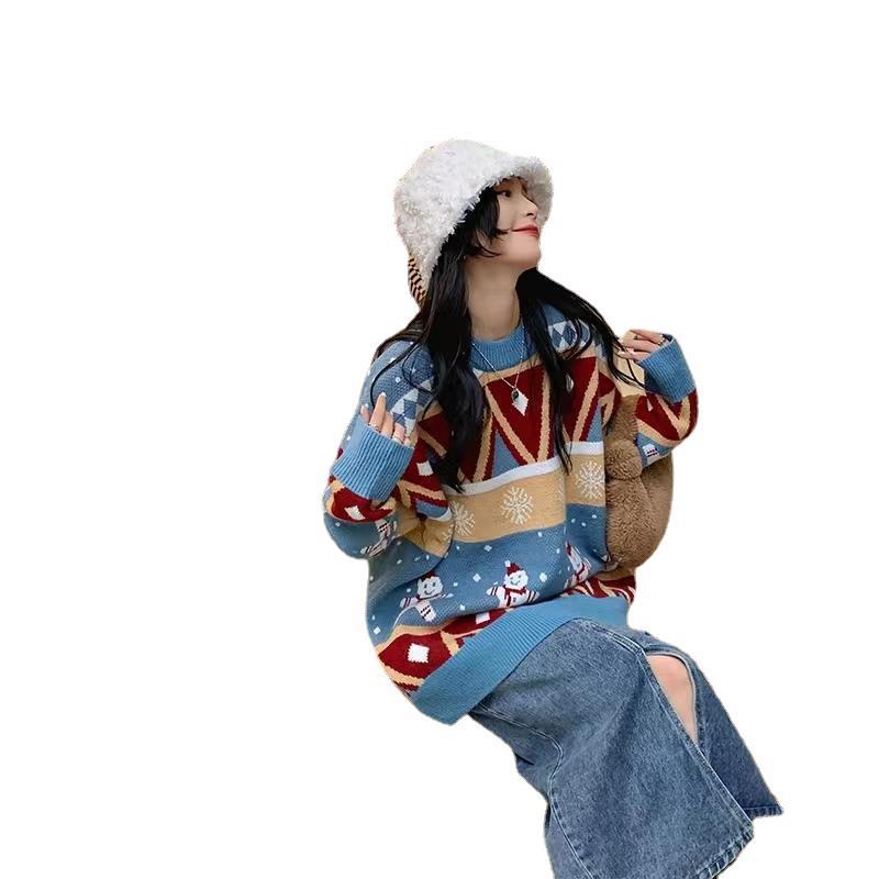 IELGY Áo Sweater Nữ Cổ Tròn Dài Tay In Hình Người Tuyết Giáng Sinh