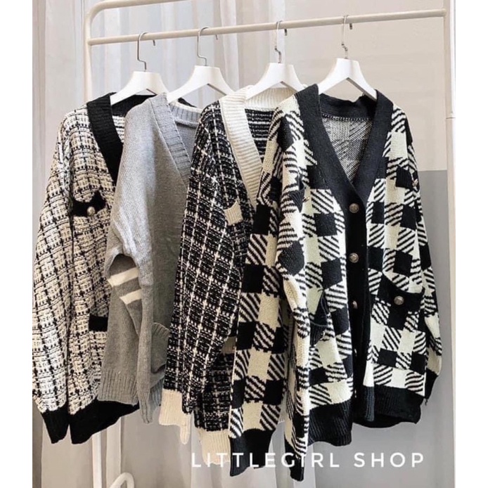 Áo khoác cardigan len hoạ tiết kẻ nhiều mẫu sang chảnh