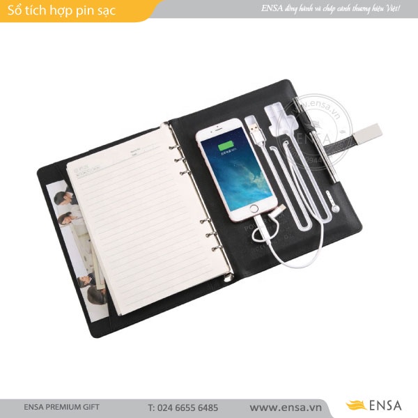 Sổ ghi chép bìa da tích hợp pin sạc dự phòng 8000mAh, USB khắc tên theo yêu cầu, có kèm hộp quà tặng cao cấp