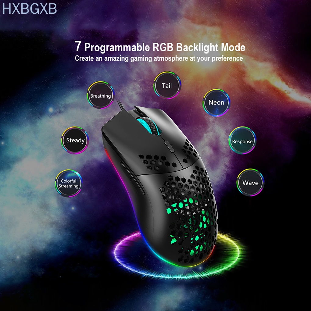 HXBG Gaming Mouse USB Wired 6400DPI Honeycomb LED Backlight Computer Mouse Desktop Accessory, Black