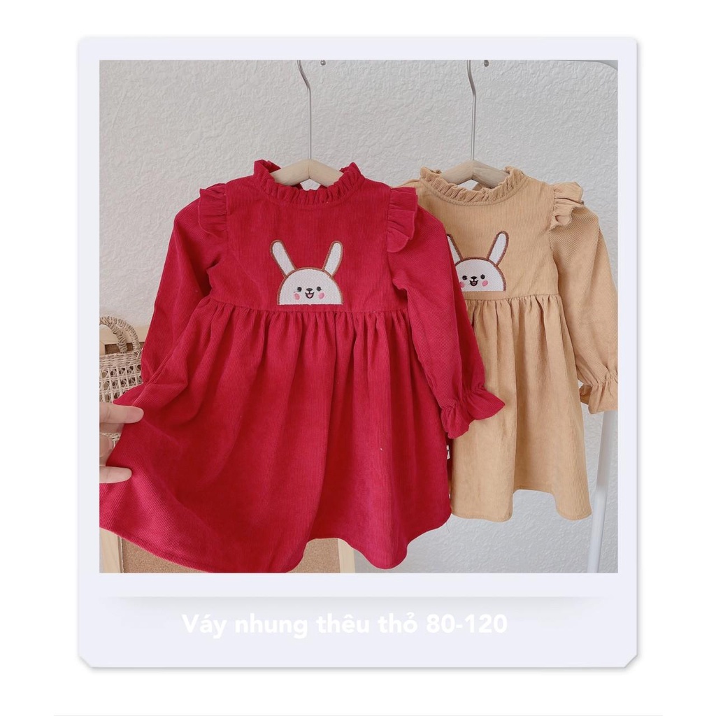 [10-21kg] Váy nhung gân dài tay thu đông cho bé 2 màu thêu thỏ đáng yêu