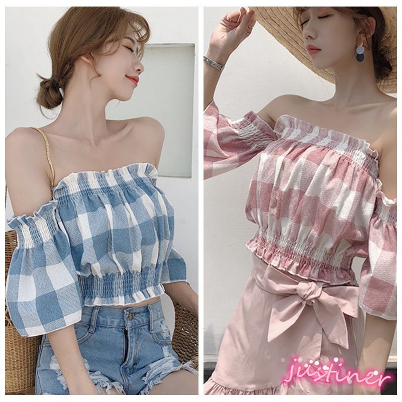 Áo Croptop Tay Ngắn Trễ Vai Họa Tiết Sọc Caro Cho Phái Nữ