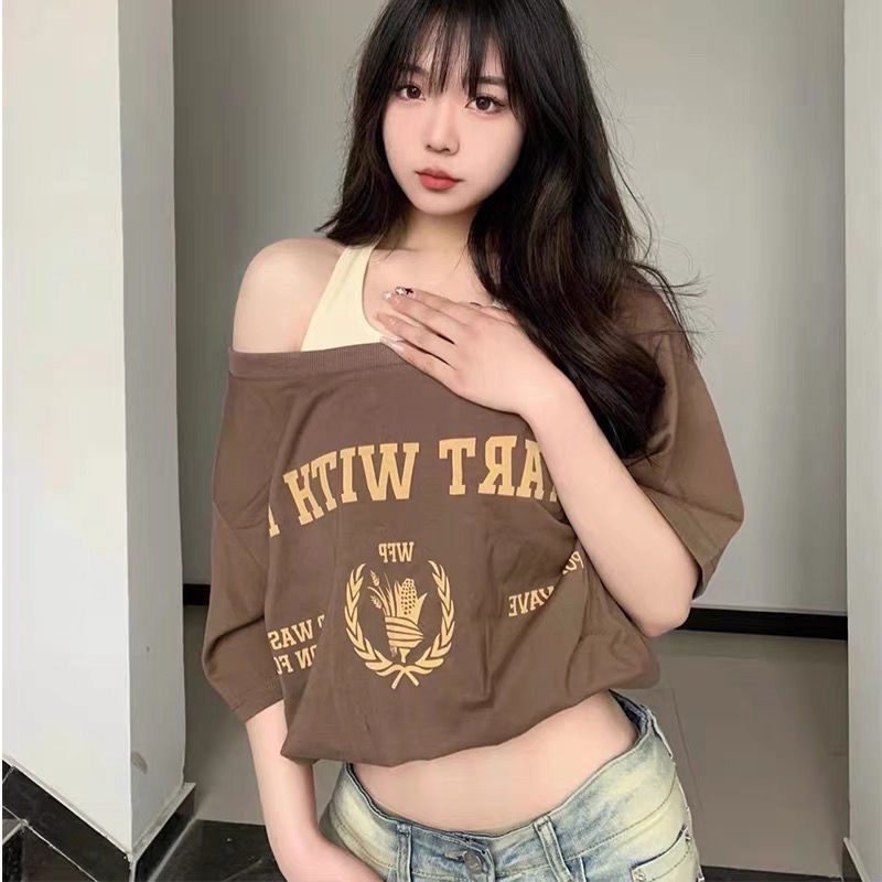 COZOK Áo Thun Ngắn Tay Trễ Vai Dáng Rộng Thời Trang Gợi Cảm
