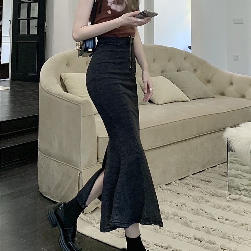 Chân Váy Denim Dài Ngang Hông Phong Cách Hàn Quốc Dễ Phối Đồ
